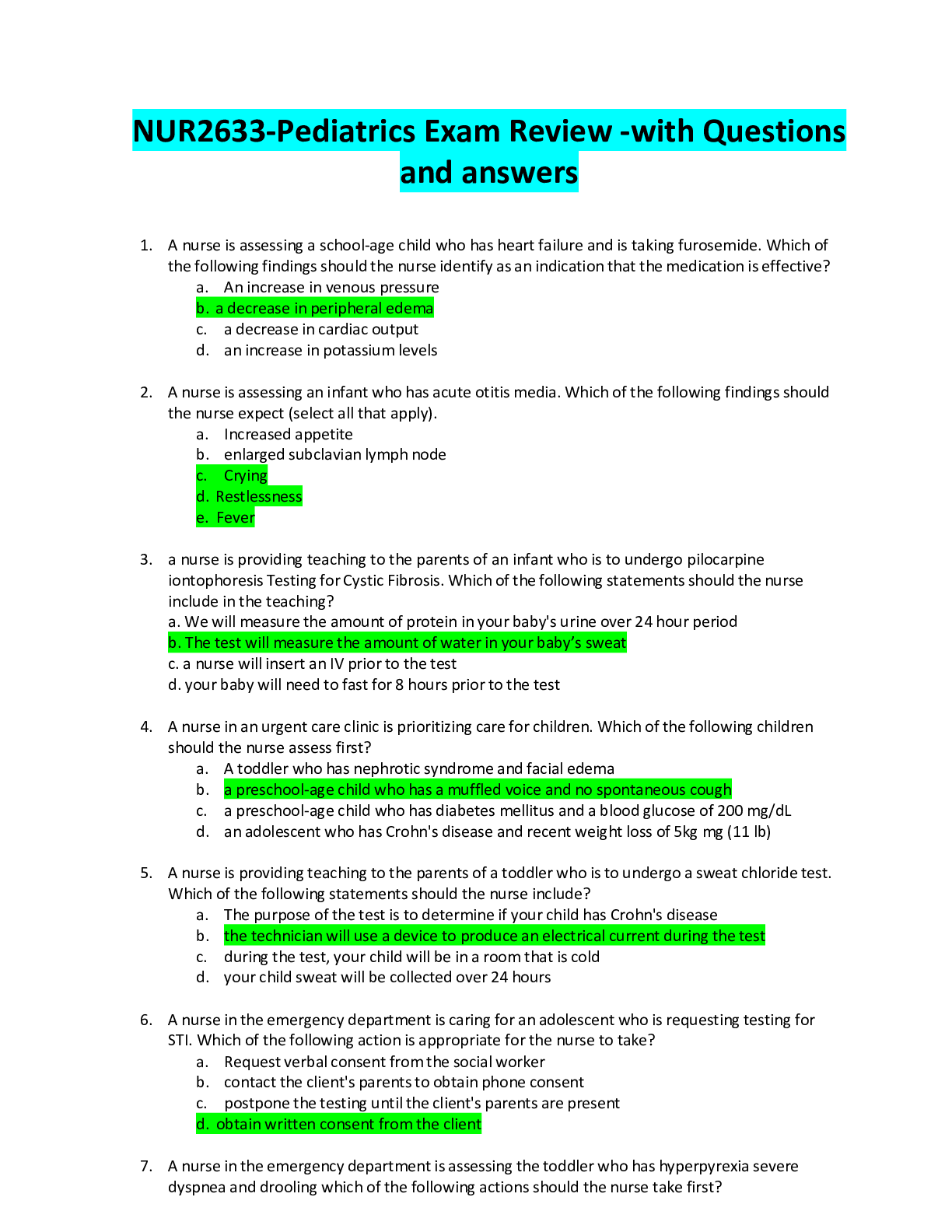 Preview of NUR2633-Pediatrics Exam Review -with Questions and answers.pdf